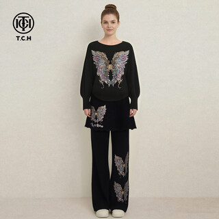 Tch knitted suit for women 26 years early spring model heavy industry wings hot diamond fashion versatile temperament gold style culottes two-piece set black s