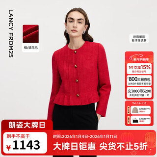 Langzi red round neck multi-pleat hem short jacket fashionable and versatile commuting top 2026 spring new style festive red l