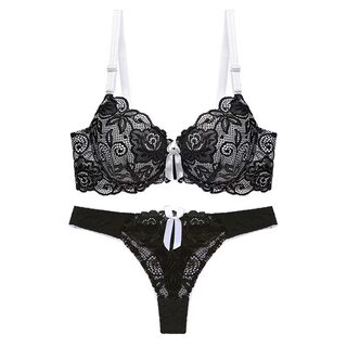 Six rabbitg light luxury brand bra set for women new thin cup lace underwear color matching push-up fashion comfortable bra black suit 85b 38 (bc tong cup