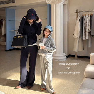 Seven bobi parent-child no. 7 children's warehouse girls' korean style casual 2026 spring new children's hooded jacket trousers trendy navy ready in stock 160 cm