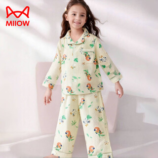 Miiow children's home clothes pure cotton long-sleeved suit cartoon medium and large children's pajamas new girls and boys gauze summer air conditioner cartoon parrot pure/cotton gauze comfortable and breathable 100