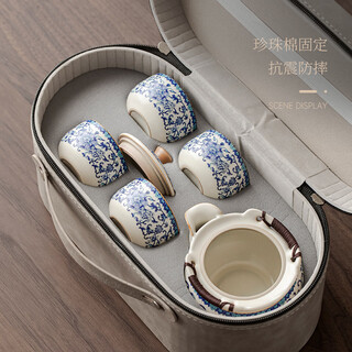 Tangfeng blue and white ru kiln travel tea set set with tangled branches, one pot and four cups, outdoor camping portable tea-making equipment, ivy hand-held pot, one pot and four cups (oval bag)