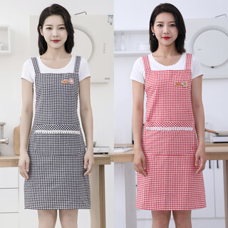 Tuojin korean version of home apron small fresh kitchen cooking breathable suspender apron cotton cover work clothes summer black + red jacquard color cotton apron 2 pack