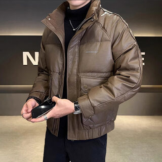Kbxng jinba leather down jacket men's winter short trendy and handsome stand collar pu jacket thickened warm disposable jacket black m