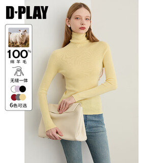 Dplay 2025 autumn new yellow knitted sweater women's seamless one-piece 100 wool top slim fit bottoming shirt cream yellow s