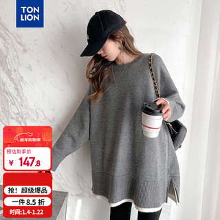Tonlion 2025 new autumn women's round neck fake two-piece color-blocked pullover sweater casual korean design versatile top trendy