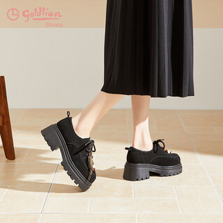 Goldlion women's shoes 2025 autumn and winter thick soled loafers retro round toe lace up deep mouth small leather shoes g665540286 black 37