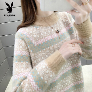 Playboy (playboy) velvet, thickened and ball-free velvet sweater for girls, half turtleneck, student striped high school fair isle knitted base, light brown, thick section, s 100jin jin is equal to within 0.5kg