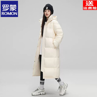Romon 2026 winter brand popular down jacket unisex long over-the-knee thickened warm couple white duck down extreme cold jacket beige m