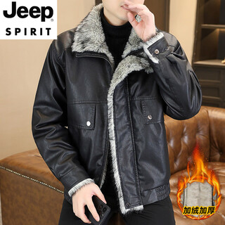 Jeep spirit high-end mountain carving leather jacket men's winter new velvet thickened fur all-in-one jacket casual lapel jacket black 4xl 160-180jin jin equals 0.5 kg
