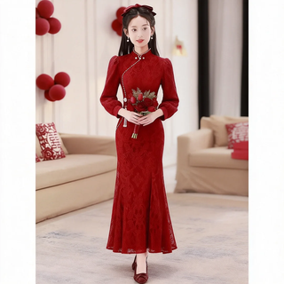 Wei lianmenglan red fishtail cheongsam toast dress for women winter lace long-sleeved bride wedding engagement high-end atmospheric dress burgundy long-sleeved long s