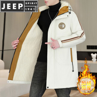 JEEP SPIRIT冬季派克服男士冲锋衣加绒加厚夹克男棉服连帽中长款风衣保暖外套 白色 M 110斤内