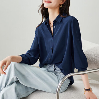Sofsil 100 mulberry silk long-sleeved shirt women's tops 2026 spring fashion solid color silk shirt navy blue l