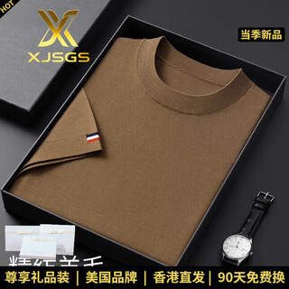 Xjsgs high-end brand men's short-sleeved cardigan international luxury worsted knitted sweater autumn and winter men's inner layering shirt high-end bright brown spot xl