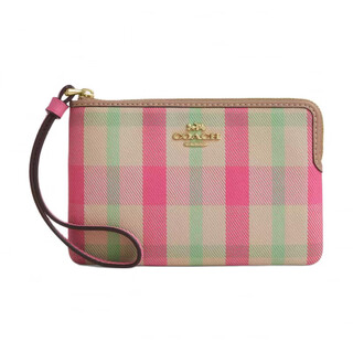 Coach corner zip 15 plaid print corner zipper wristband jacquard fabric clutch wallet mini pink 1 pink 2