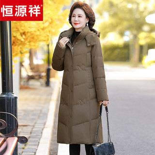 Hengyuanxiang mid-length down jacket for women 2025 winter thickened over-the-knee white duck down middle-aged and elderly mothers' temperament warm jacket coffee color xl recommended 90--110jin jin equals 0.5 kg select