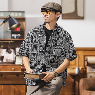 潮与共（Chaoyugong）古巴领短袖衬衫男夏季新款纯棉宽松五分袖上衣男士英伦复古花衬衣 黑色 M 建议【100-130】斤