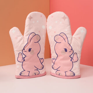 Yingcan cartoon thickened cotton insulation gloves anti-slip microwave kitchen oven baking special children's anti-scalding gloves cute rabbit pink style 1 pair