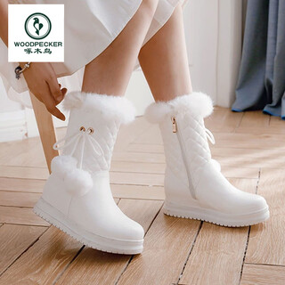 Woodpecker 2025 new sweet student short boots women's winter thickened anti-slip cotton shoes women's velvet warm mid-calf snow boots women's white (plus thick velvet) free socks 37