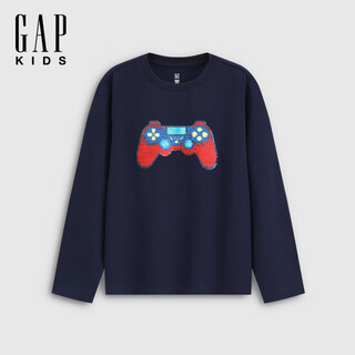 Gap gap boys 2026 spring new pure cotton logo flip sequin loose long-sleeved t-shirt children's wear 861993 navy blue 110 cm (4-5 years old) asian size