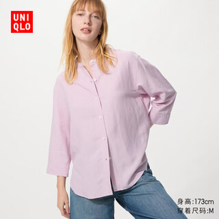 Uniqlo women's linen blended stand collar shirt/3-quarter sleeve shirt 26 spring and summer new style 483873 73 blue purple m