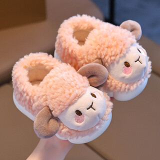 2025 new children's warm plush cotton slippers pink (heel included) size 32 33 (inside shoe length 19cm suitable for feet length 18cm)