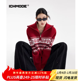 Ich mode fair isle half-zip pullover red sweater women's autumn and winter new year new sweater qiji red jacket red m