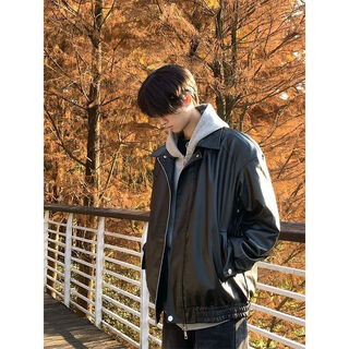 迷奇咖皮衣外套男士秋冬季宽松潮牌帅气机车服PU皮夹克套装上衣 黑色 M