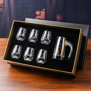 Tuojin imported quality gold foil white wine cup from germany, chinese wine cup, household wine divider, light luxury turquoise one-shot spirit cup, 1 pot, 6 cups, turquoise water drop cup_gift box