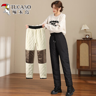 Woodpecker (tucano) warm cotton pants for women in winter, plus velvet and thickening, northeast harbin ski cold-proof, waterproof, windproof and foot-locking assault pants, black straight (graphene kneepads) l recommended 95-110jin jin equals 0.5 kg