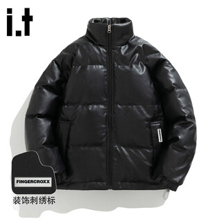 Fingercroxx it versatile black pu leather down jacket men's winter new american loose casual retro trendy brand warm jacket black counter same style l (120-140jin jin equals 0.5 kg)