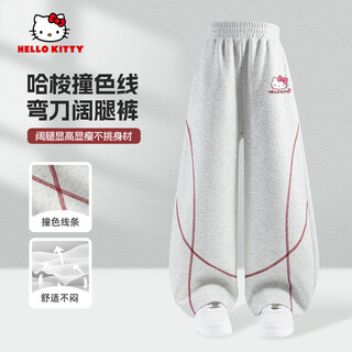 Hello kitty hello kitty girls spring pants 2026 new children's clothing popular scimitar wide leg pants children's sports casual pants trendy tee bow tie k white flower gray 130