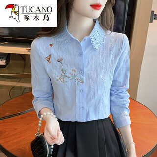 Woodpecker (tucano) fashionable embroidered cotton velvet shirt women's 2026 spring and autumn clothing new long sleeve cotton shirt women's fashion tops blue s