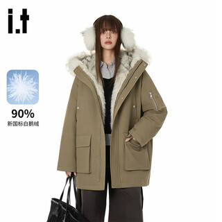 Ground zero work style fur collar hooded design 90 white goose down couple style down jacket brown m