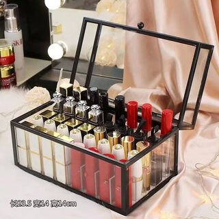 Lipstick storage box perfume dustproof transparent dressing table desktop cosmetics large capacity glass skin care product storage rack extra height/black 40-gate dustproof glass lipstick storage box