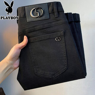 Playboy (playboy) high-end light luxury men's jeans winter new pure black slim-fit elastic pints european station casual trousers black 32 recommended 135-145jin jin equals 0.5 kg