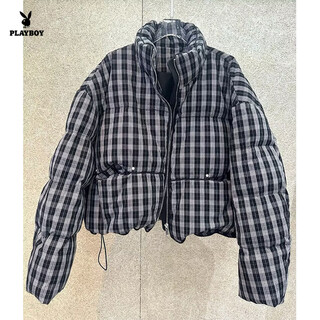 Playboy (playboy) plaid down jacket women's short stand collar 2026 new retro small loose thick white duck down bread jacket trendy official flagship off-white s 90-130jin jin is equal to 0.5 kg