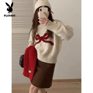 Playboy (playboy) korean style sweet age-reducing bow round neck long-sleeved sweater for women autumn and winter soft and waxy outer sweater top oatmeal color s 80-95jin jin is equal to 0.5 kg