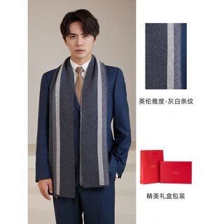 Shanghai story autumn and winter new men's scarf knitted striped plaid sheep wool warmth gift for dad casual scarf british yadu - gray and white stripes