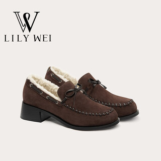 Lily wei velvet brown suede 2026 new plus velvet warm loafers comfortable slip-on shoes large size dark brown 31