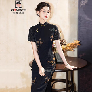 Aemape new chinese style retro black cheongsam women's 2025 summer new style slim elegant improved cheongsam dress obsessed l