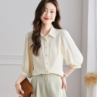 Shexi (srcr) 100% mulberry silk european style lantern sleeve silk shirt women's spring and autumn fashion high-end top