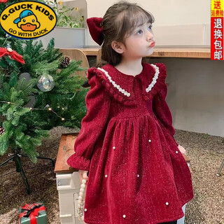 R.duckkids children's clothing autumn and winter new year baby new year's eve clothes girls' thickened velvet princess dress girls' dresses festive skirt trendy red (thick velvet) 130