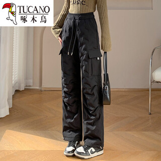 Woodpecker (tucano) 2026 new high-end down pants women's outer wear wide-leg overalls high-waisted white duck down straight cotton pants winter thick black l