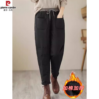 Pierre cardin quilted thickened cotton pants for women for spring 2025 new loose straight pants casual pants warm harem pants black 2xl (125-145jin jin equals 0.5kg)