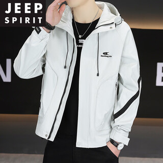 Jeep spirit men's work jacket 2026 spring and autumn new fashion trend handsome hooded jacket student versatile jacket off-white 2xl