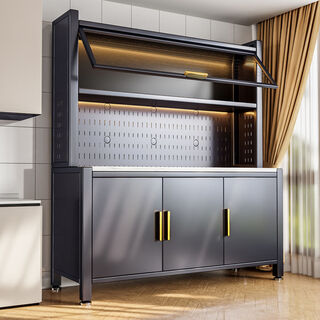 Fantasy kitchen shelf dining storage cabinet floor-standing microwave storage cabinet cupboard cabinet with door iron door style slate countertop white 5-layer + length 80x42x157c