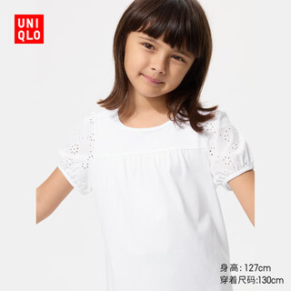 Uniqlo children's clothing girls puff sleeve t-shirt/short sleeve 483396 00 white 140