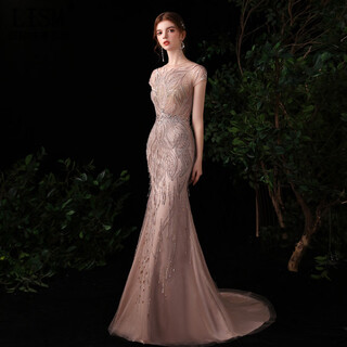 Lism designer international light luxury brand evening dress women's 2026 new fishtail slim bridal engagement dress toast wear bean paste 1937 one size customized (no returns)