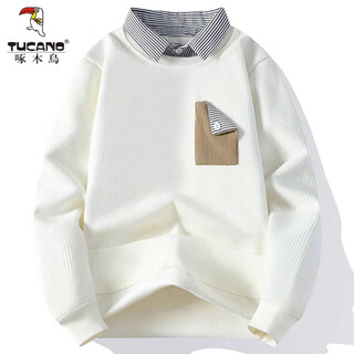 Woodpecker (tucano) 2025 new autumn and winter plus velvet fake two-piece sweatshirt for men, loose trendy brand casual shirt collar, bottoming shirt for men, 10736-8947 thin off-white xl 120-135jin jin is equal to about 0.5 kg